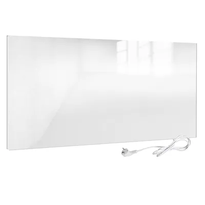 A white glass infrared heater with a power cord and plug is shown against a white background.