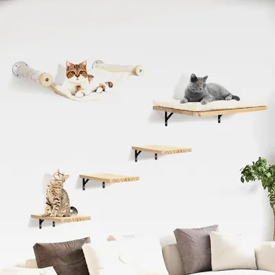 Produktbild von Katzen kletterwand Set mit Katzenbaum Hängematte,Katzen Wandelemente,Katzentreppe Wand,5-Teiliges Massivholz Katzenwandmöbel Set für Katze Catwalk