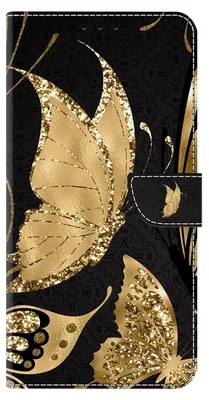 A close-up view of a phone case with a gold butterfly design on a black background.