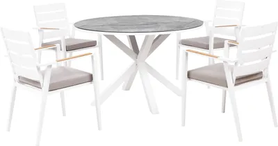 Obrázek produktu pro BELIANI Venkovní jídelní set černý hliník 4místný kulatý stůl 110 cm lamelové židle s šedými polštáři
