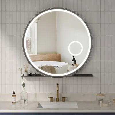 Produktbild von Badezimmerspiegel Runder LED Badspiegel mit Beleuchtung 80 cm - Wandspiegel mit Uhr, 3-fach Vergrößerung, beschlagfrei, Kaltweiß 6400K
