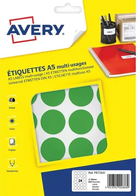 Image de Avery - Étiquettes rondes PET30V, diamètre 30 mm, blister de 240 pièces, vert