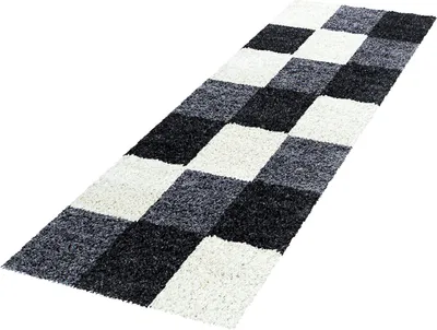 Obrázek produktu pro Koberec do obývacího pokoje, černý, rozměry 80x250 cm, s kostkovaným vzorem