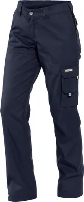 A pair of dark blue women's cargo pants is shown against a white background.