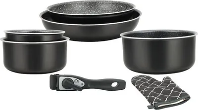 Zdjęcie produktu dla Herzberg HG-8053: 7-częściowy zestaw naczyń kuchennych z powłoką marmurową i zdejmowanym uchwytem, czarny