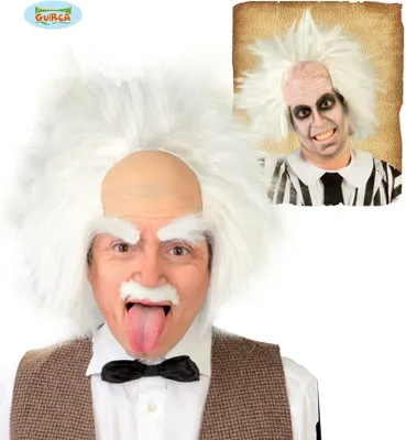 A collage showing a person wearing a costume wig and a smaller inset image of a person in costume makeup.