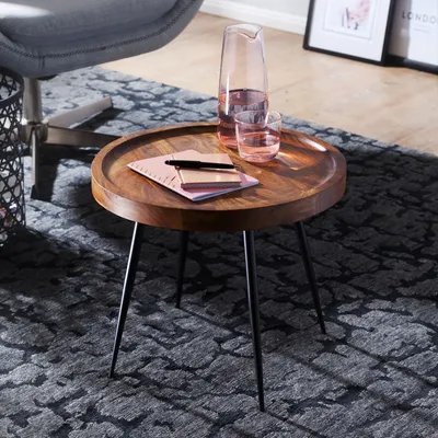 Produktbild von FineBuy Beistelltisch rund 46x40x46cm Sheesham massiv Holz Metall Couchtisch