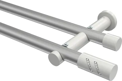 Produktbild von Interdeco Gardinenstange / Vorhangstange Silbergrau / Weiß, Typ Platon Zoena (Glitzerzylinder) ohne Ringe, 20 mm Ø 2-läufig, 260 cm