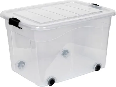 Produktbild von Rollboxen 100 Liter Volumen mit Deckel. In Transparenter Ausführung aus robustem Kunststoff