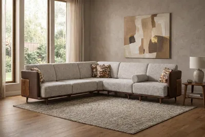 Immagine prodotto di Elegante divano ad angolo in stile scandinavo con tessuto bouclé e dettagli in legno