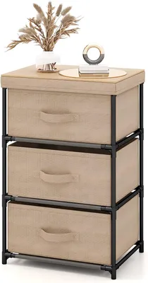 Produktbild von GOPLUS Kommode mit 3 Schubladen aus Stoff, Schubladenschrank mit Metallrahmen & abnehmbaren & faltbaren Schubladen, Kleiderkommode (3 Schubladen, Hellbraun)