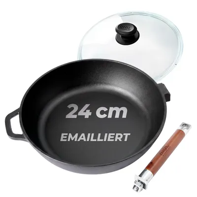 Produktbild von BIOL Emaillierte Gusseisen-Bratpfanne 24 cm mit Glasdeckel und abnehmbarem Holzgriff