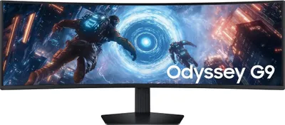 A futuristic scene with two astronauts in a digital environment, with a curved monitor displaying the scene.