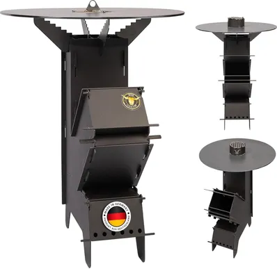 A black metal rocket stove with a cooking plate on top, shown from multiple angles against a white background.