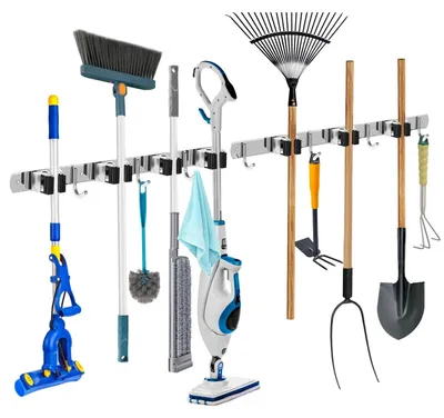 Produktbild von Wandhalterung Besenhalter Gerätehalter - 7 Schlitze und 7 Haken - Edelstahl - Wandmontage - Für Küche und Garten