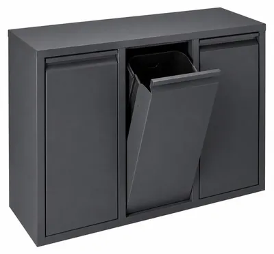 Immagine prodotto di Contenitore per rifiuti Relaxdays, con 3 scomparti, capacità 3 x 10 litri, apribile, con contenitori interni removibili, in metallo, da posizionare a terra o da montare a parete, colore antracite, Immagine generata dall'IA