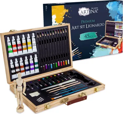 Produktbild von Artina 45tlg. Malkoffer Leonardo - Malset mit Acrylfarben, Pinsel & Gliederpuppe