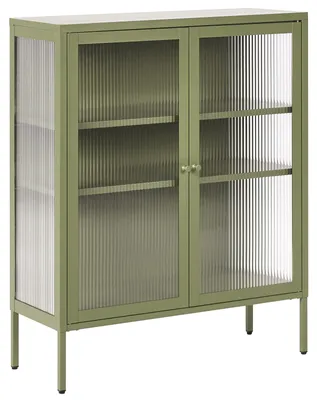 Produktbild von BELIANI Vitrine Grün Metall mit 2 Glastüren 111 cm Hoch 3 Fächer Industrie Design Schrank Vitrinenschrank Flur Wohnzimmer Büro Möbel Ausstattung