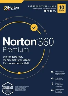 Immagine prodotto di Norton 360 Premium / 10 dispositivi / 1 anno incluso 75GB / SENZA ABBONAMENTO / Licenza via e-mail