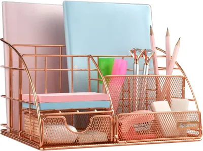 Produktbild von Aufbewahrungs-Schreibtisch-Organizer, Metall-Schreibtisch-Organizer, Schrein-Organizer, Stifthalter mit Schiebeschublade für Zuhause, Schule, Büro, Klassenzimmer, Roségold(Rose gold)