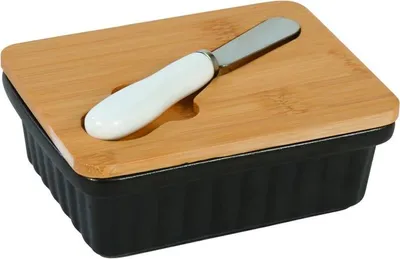 Obrázok produktu pre Miska na maslo, keramická miska na maslo s nožom, na bambusovom podnose čierna