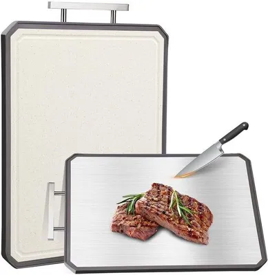 Productafbeelding van Ibenzoa® Dubbelzijdig snijplank van roestvrij staal, 38 x 28 cm – antibacterieel, antislip siliconenrand, sapgoot, handgreep, vaatwasmachinebestendig