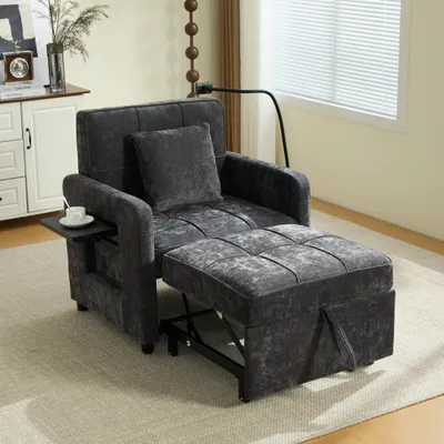 Produktbild von STILVORA Zwei-in-eins-Schlafsessel Einzelschlafsofa mit 5-fach verstellbarer Rückenlehne (105°–180°), Schlafsessel mit Chenille-Bezug, Kissen, Seitentaschen und integriertem Tischchen, Liegesessel wandelbares Funktionssofa für Wohnzimmer,Dunkelgrau
