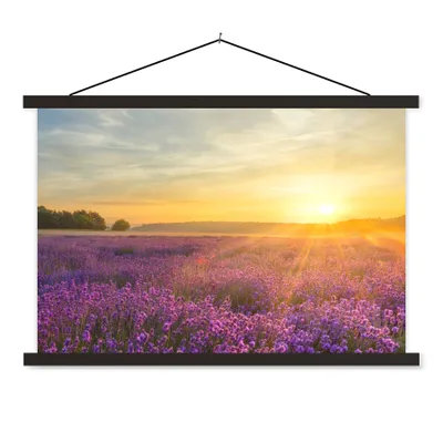 Produktbild von MuchoWow® Textilposter Lavendel - Sonnenuntergang - Bäume - Lila 120x80 cm mit schwarzem Rahmen - Wanddeko
