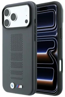 Produktbild von Hülle für iPhone 18 Pro / 17 Pro, BMW M, blau, Perforiertes Metalllogo, mit MagSafe-Funktion, Farbe: Grau