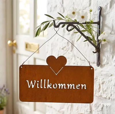 Türschild Welkom 25x16 cm, Metall, rostbraun, Herzform