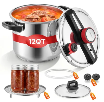 Image de Autocuiseur VEVOR 11 L, autocuiseur en acier inoxydable avec panier vapeur et couvercle en verre trempé, 3 niveaux de pression pour la viande, les haricots, le riz, les soupes et les sauces, autocuiseur jusqu'à 100 kPa