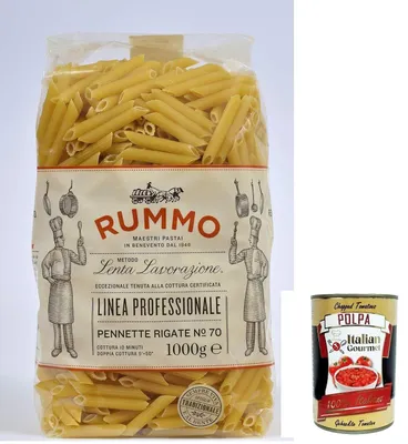 Produktbild von 4x Rummo Pennette rigate N. 70 Hartweizengrieß Pasta Italienische Nudeln 1kg Packung + Italian Gourmet Polpa di Pomodoro 400g Dose