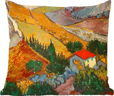 Produktbild von MuchoWow® Zierkissen Sofakissen Wohnzimmer Dekokissen 50x50 cm Landschaft mit einem Haus und einem Ackerbauern - Vincent van Gogh - Komfort - Sofakissen