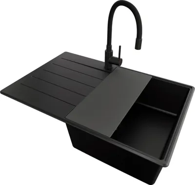Produktbild von PRIMAGRAN Granitspüle Alles Schwarz 78x50cm, Spülbecken 1 Becken + Ablauf-Set + Küchenzubehörset, Küchenspüle ab 50er Unterschrank - Kopenhagen
