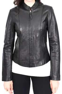 Produktbild von Damen Lederjacke im Biker-Stil – Schwarz mit Stehkragen