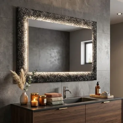 Produktbild von Reversibler Spiegel mit schwarzem Fused-Glas und Granulatrahmen 90 x 62 cm