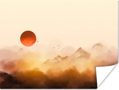 Produktbild von MuchoWow® Poster Malerei - Sonne - Landschaft - Vögel 160x120 cm - Foto Plakat
