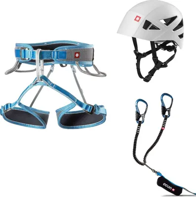Klettersteigset "Via Ferrata Twist Tech Eco Captur Pro Swivel Shard Set" von Ocun; bestehend aus einem Klettergurt; einem Helm und zwei Karabinern.