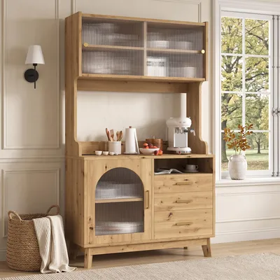 Produktbild von Flieks Esszimmer-Hochschrank mit mehrstufigem Stauraum, Buffetschränke mit integrierter Steckdose, Highboard 100.5x40x178cm, Holzfarbe