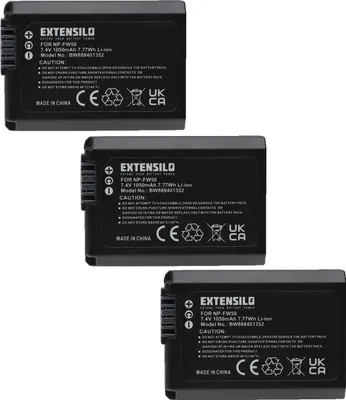 Produktbild von EXTENSILO 3x Akku kompatibel mit Sony Alpha 7R II, 6100, 6300, 6400, 5100, 7, 6000, 7R, 5000, 6500, 7s, 3000, 7 II Kamera (1050 mAh, 7,4 V, Li-Ion)
