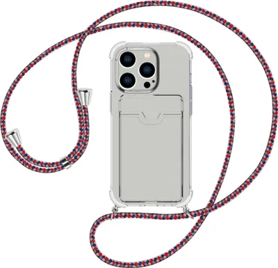 Produktbild von Handykette Backcover-Schutzhülle mit Band (Metall silberfarben) für Apple iPhone 15 Pro - silber/blau/rot