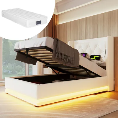 Image de Sweiko Lit simple rembourré 90*200 cm,Blanc MatériauPolyuréthaneLit de rangement hydraulique, tête de lit rembourrée avec fonction de chargement USB Type-C, fonction LED sur 3 côtés(Avec matelas)