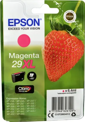 Produktbild von Epson Strawberry Singlepack Magenta 29XL Claria Home Ink, High (L) Yield, Magenta, Tinte auf Pigmentbasis, 6,4 ml, 1 Stück(e), Einzelpackung
