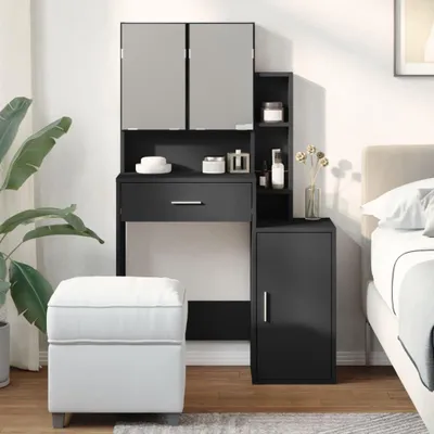 Immagine prodotto di Tavolino da trucco con specchio - Comodino da trucco - Organizzazione della camera da letto - Ampio spazio di stoccaggio - 80 x 35 x 132 cm - Nero