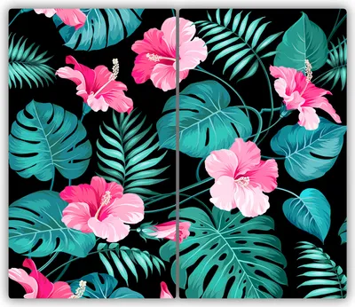 Produktbild von Tulup Glas-Herdabdeckplatte - 2x30x52cm - Glaskeramikkochfeld-Abdeckung Spritzschutz Zweiteilig Tropische Blumen