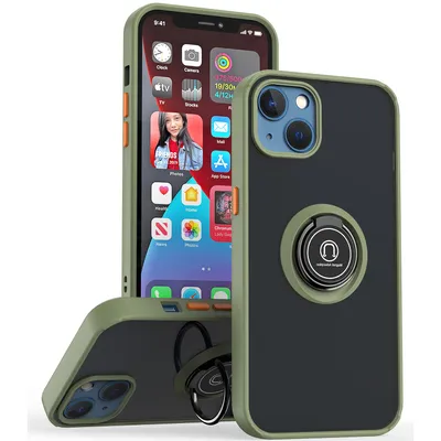 Obrázek produktu pro Pouzdro pro iPhone 13 matné průsvitné TPU pouzdro s prstencovým držákem a stojánkem Armádní zelená