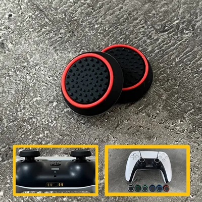 Two black and red thumbstick grips for a game controller are shown on a textured gray surface. The image also includes two smaller inset images showing parts of game controllers.