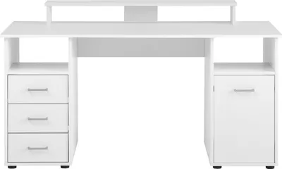 Produktbild von Möbelpartner Schreibtisch Fox | Large | HxBxT 86x150x70cm | 3 Schubladen, 2 offene Fächer, 1 Fach mit Flügeltür & Monitorständer | Weiß