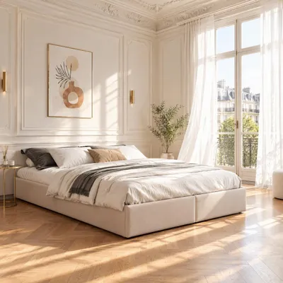 Zdjęcie produktu dla Łóżko platformowe INONEFT z pojemnikiem na pościel, 140x200 cm, łóżko z pojemnikiem, 2 szuflady, łóżko tapicerowane, podwójne łóżko, stelaż łóżka z listwami, łóżko młodzieżowe, len