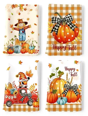 Immagine prodotto di Set di 4 strofinacci autunnali a tema zucca, 100% cotone, 48 x 70 cm